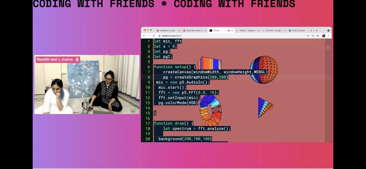 A live-streamed image on the left shows two women sitting cross-legged on the floor with computer equipment; on the right, a screenshot shows rudimentary 3D objects in the p5.js live coding environment.